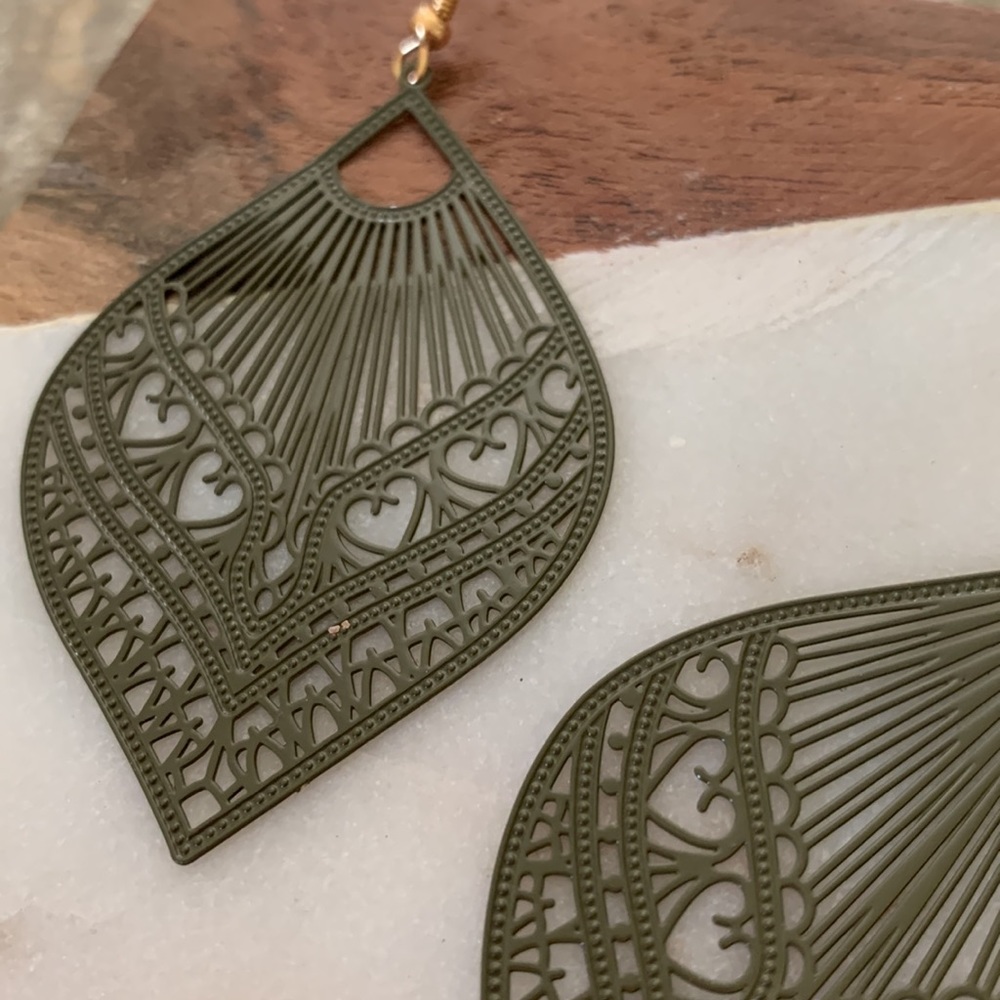 Army Green Filigree Drop Earrings - Picture 3 of 4